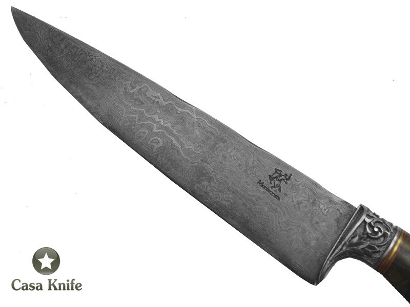Monte Cristo Faca Cheff para colecionador forjado em aço damasco, empunhadura em Spalted Plantano estabilizado, 33 cm