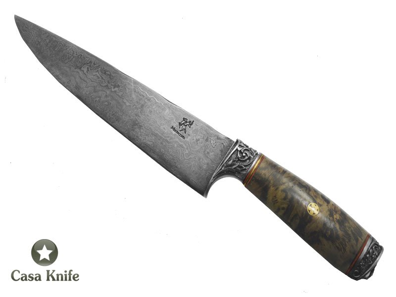 Monte Cristo Faca Cheff para colecionador forjado em aço damasco, empunhadura em Spalted Plantano estabilizado, 33 cm