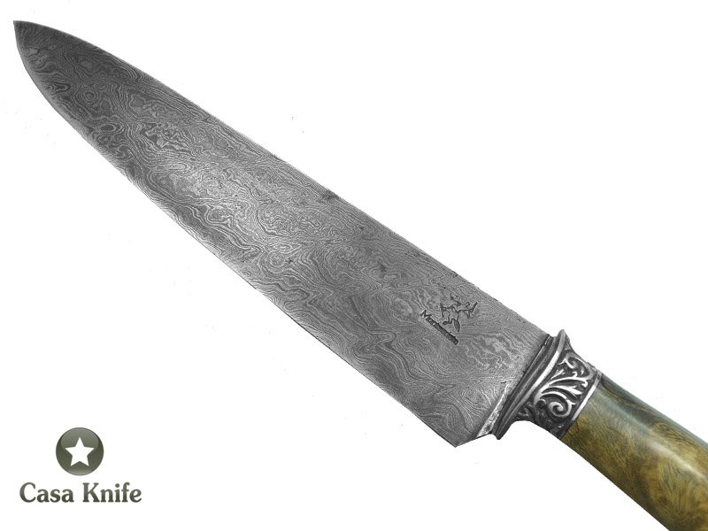 Monte Cristo Faca Cheff para colecionador em aço damasco 15N20 - 1095. Empunhadura em burl Platâno estabilizado, 31 cm