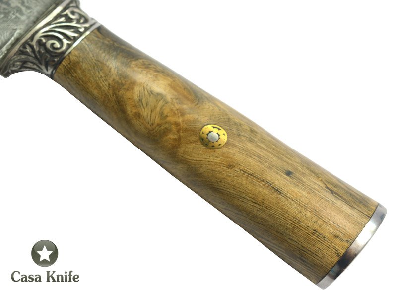 Monte Cristo Faca Cheff para colecionador em aço damasco 15N20 - 1095. Empunhadura em burl Platâno estabilizado, 31 cm