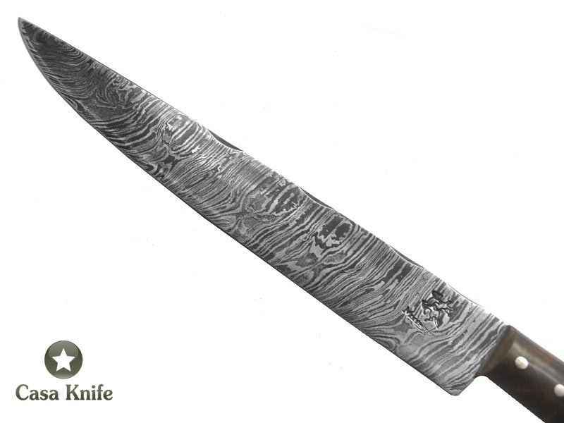 Monte Cristo Faca para churrasco para colecionador forjada em aço damasco, com empunhadura em Rádica de Roseira e Madeira estabilizada, 30 cm