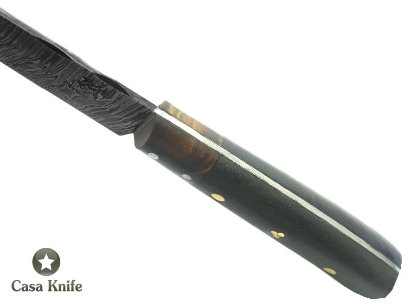 Monte Cristo Faca para churrasco para colecionador forjada em aço damasco, com empunhadura em Rádica de Roseira e Madeira estabilizada, 30 cm