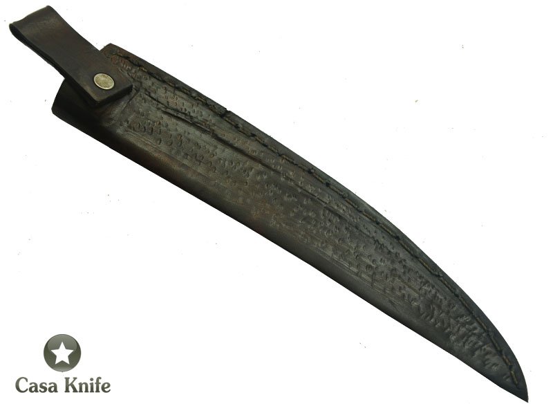 Monte Cristo Faca para churrasco para colecionador forjada em aço damasco, com empunhadura em Rádica de Roseira e Madeira estabilizada, 30 cm