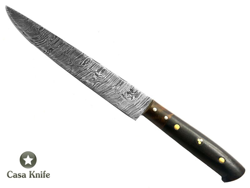 Monte Cristo Faca para churrasco para colecionador forjada em aço damasco, com empunhadura em Rádica de Roseira e Madeira estabilizada, 30 cm