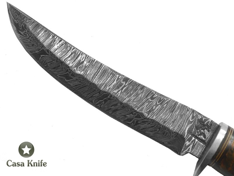 Monte Cristo Faca para colecionador forjada em aço damasco, com empunhadura em Spalted Platano estabilizado, 29 cm