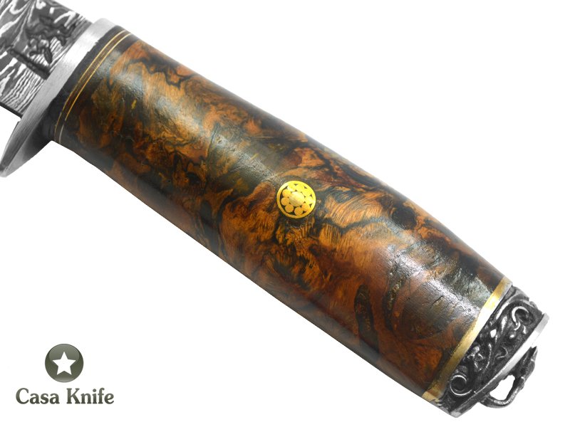 Monte Cristo Faca para colecionador forjada em aço damasco, com empunhadura em Spalted Platano estabilizado, 29 cm