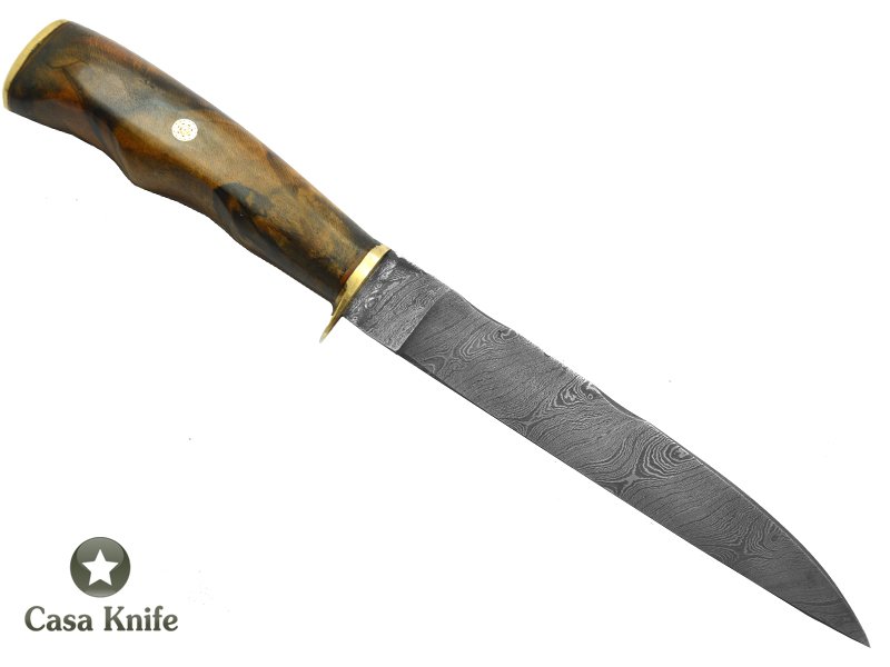 Monte Cristo Faca para colecionador forjada em aço damasco, com empunhadura em Spalted Platano estabilizado, 26 cm