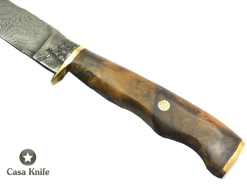Monte Cristo Faca para colecionador forjada em aço damasco, com empunhadura em Spalted Platano estabilizado, 26 cm