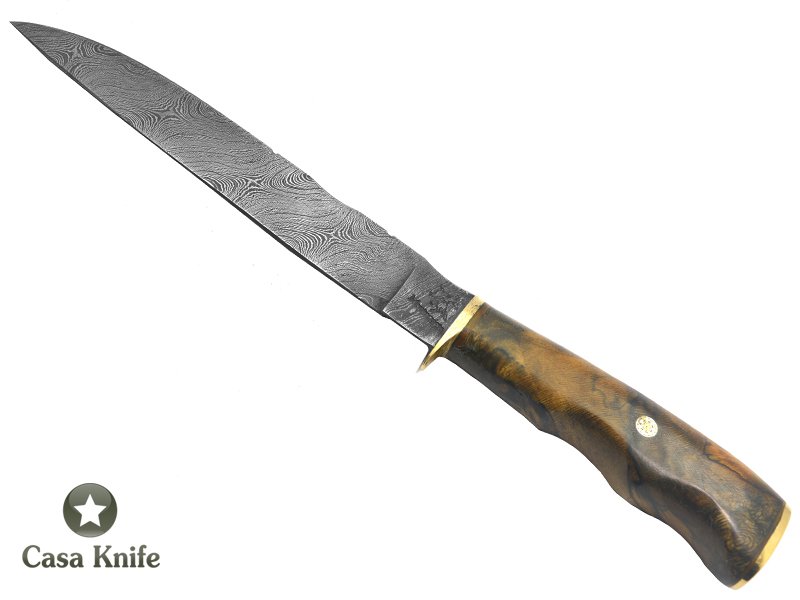 Monte Cristo Faca para colecionador forjada em aço damasco, com empunhadura em Spalted Platano estabilizado, 26 cm