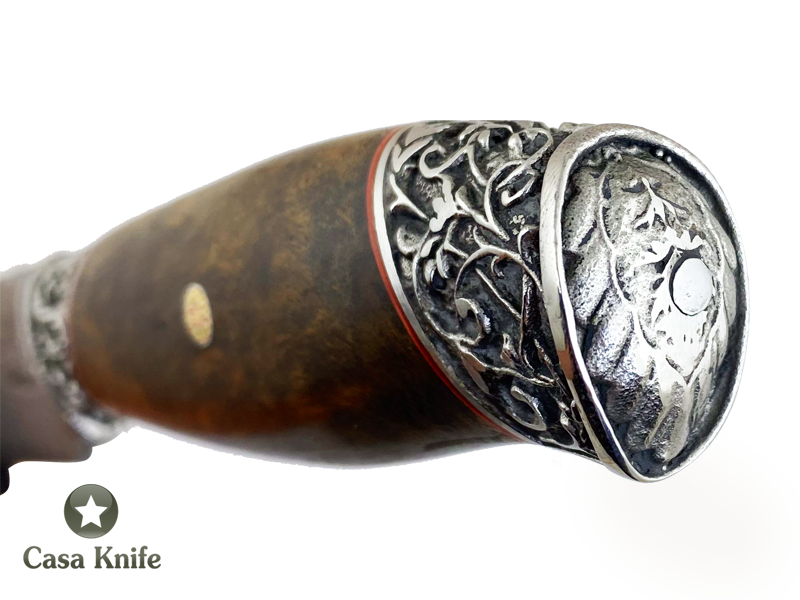 Monte Cristo Faca para colecionador forjada em aço damasco 15N20 / 1095 / 58 HCR / 288 camadas. Empunhadura em Radica de Roseira, 29 cm