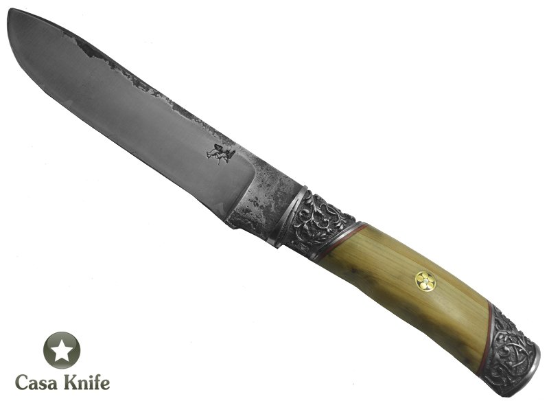 Monte Cristo Faca para colecionador forjado em aço Sanmay 1075 - 15N20. Empunhadura em Cipreste com mosaico em bronze, espaçadores em Resina, 25 cm