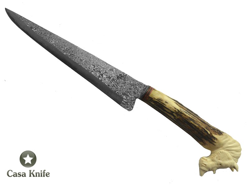Monte Cristo faca sangradeira para colecionador forjada em aço damasco , com empunhadura em chifre de cervo esculpido, 34 cm
