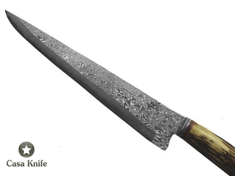 Monte Cristo faca sangradeira para colecionador forjada em aço damasco , com empunhadura em chifre de cervo esculpido, 34 cm