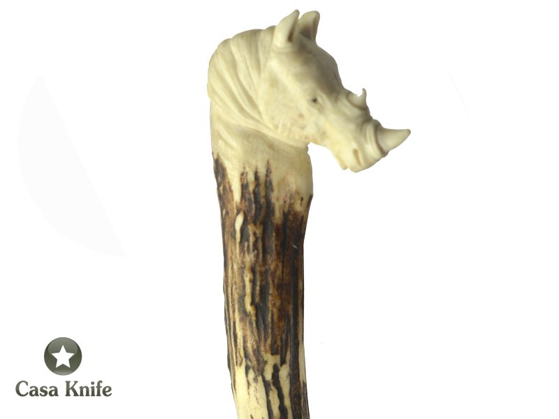 Monte Cristo faca sangradeira para colecionador forjada em aço damasco , com empunhadura em chifre de cervo esculpido, 34 cm