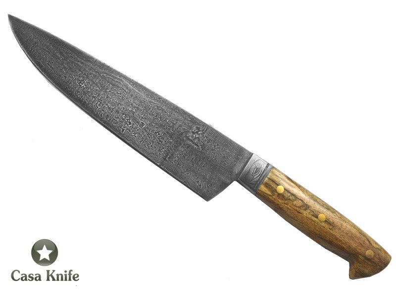 Monte Cristo Faca Cheff para colecionador em aço damasco 15N20 - 1095. Com Empunhadura em Platâno estabilizadao 34 cm
