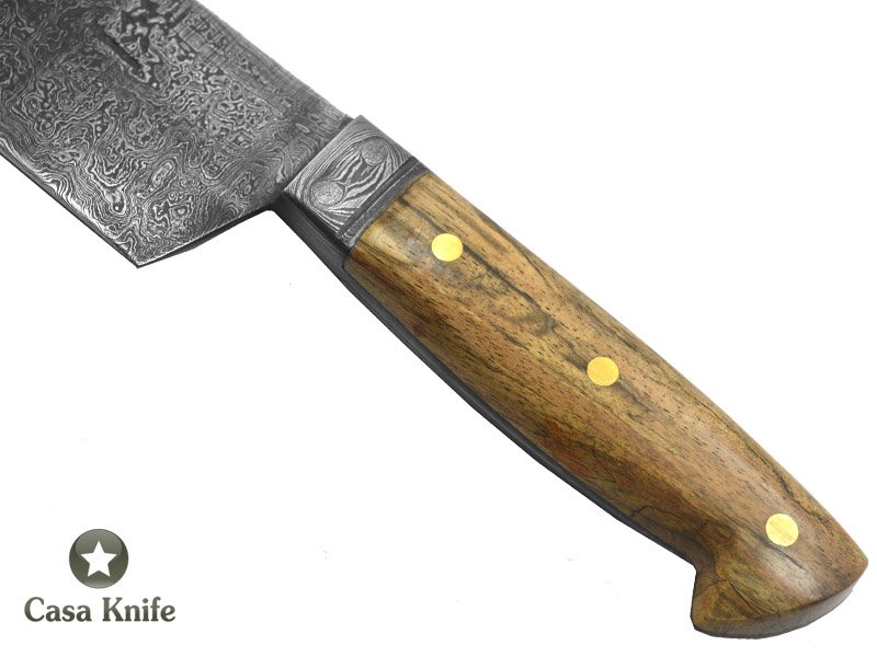 Monte Cristo Faca Cheff para colecionador em aço damasco 15N20 - 1095. Com Empunhadura em Platâno estabilizadao 34 cm