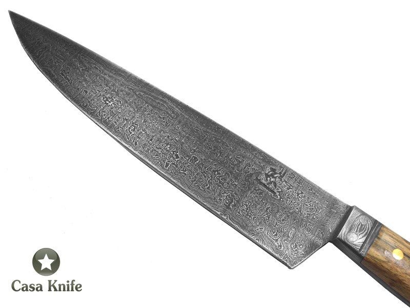 Monte Cristo Faca Cheff para colecionador em aço damasco 15N20 - 1095. Com Empunhadura em Platâno estabilizadao 34 cm