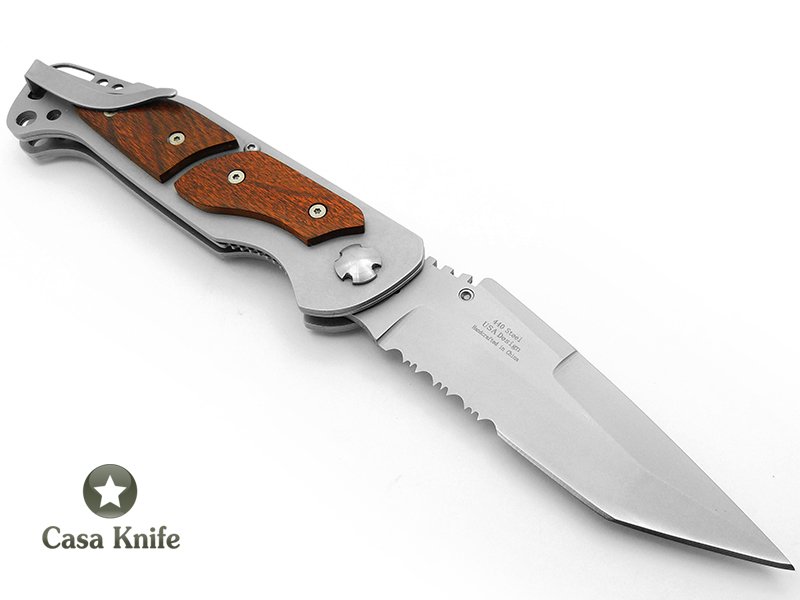 Mtech canivete em aço inoxidável com empunhadura em madeira 23 cm