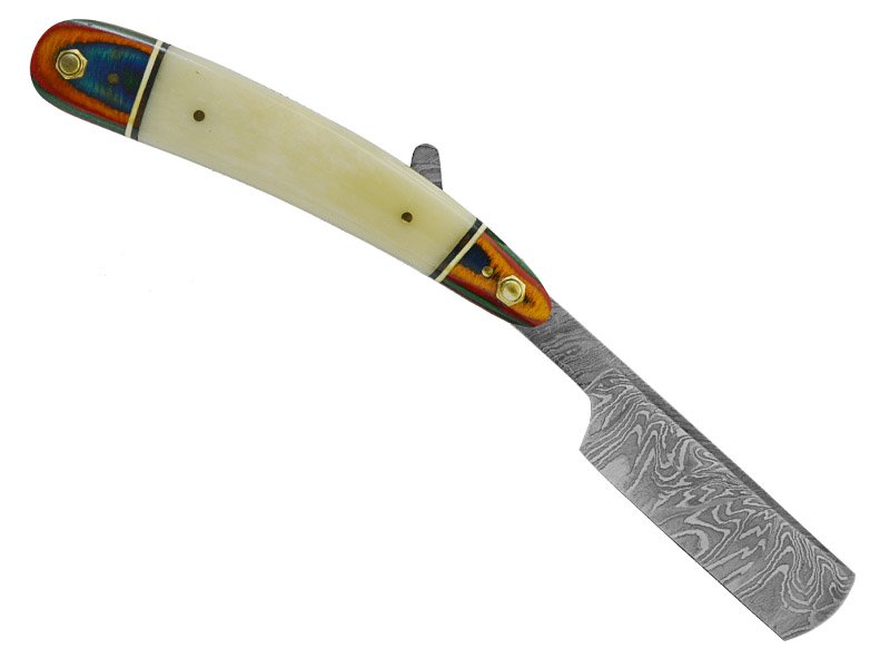 Navalha para colecionador em aço damasco. Empunhadura em osso de boi e Pakawood, 23 cm
