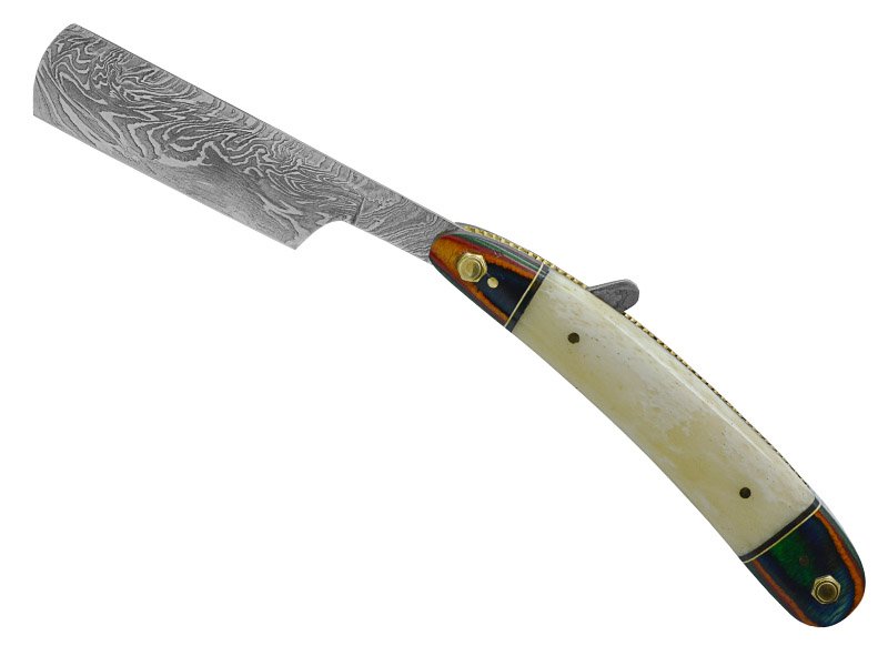 Navalha para colecionador em aço damasco. Empunhadura em osso de boi e Pakawood, 23 cm
