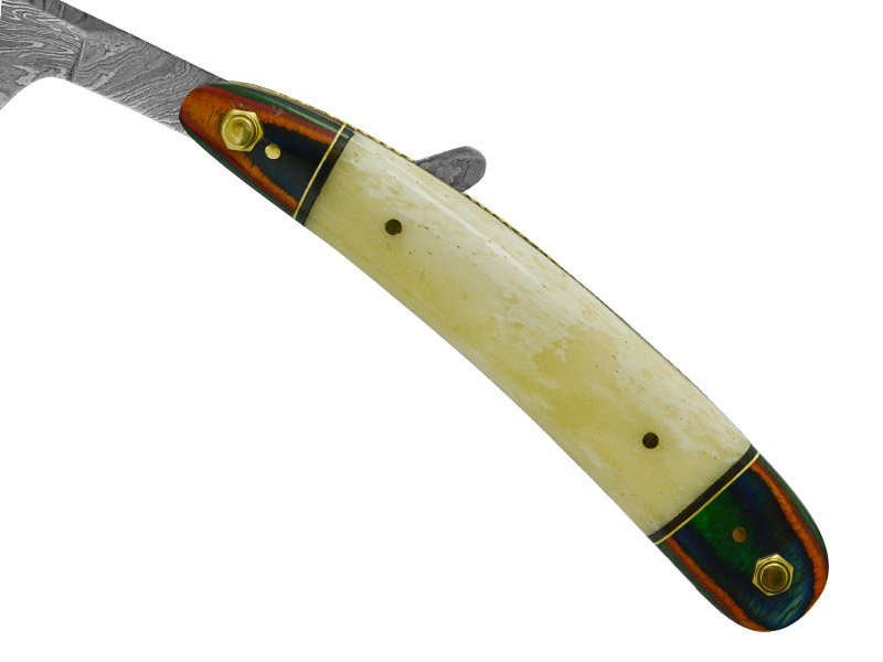 Navalha para colecionador em aço damasco. Empunhadura em osso de boi e Pakawood, 23 cm