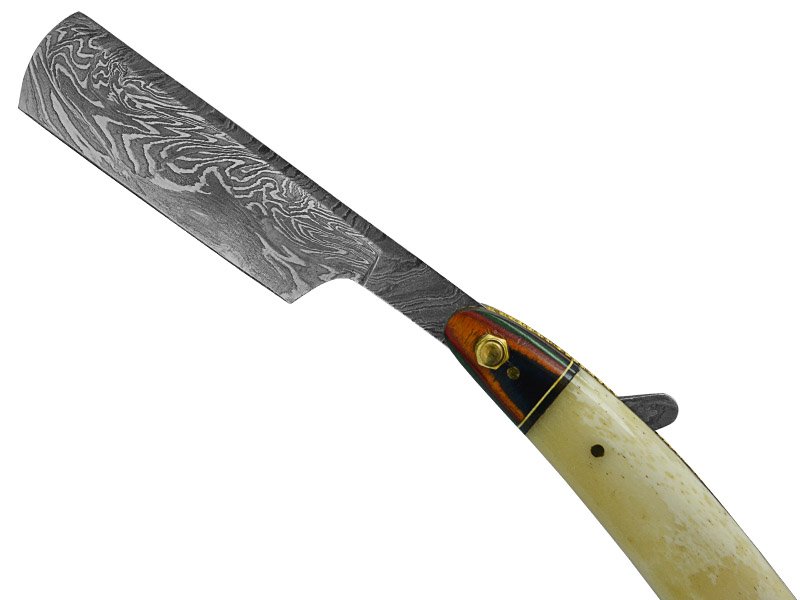 Navalha para colecionador em aço damasco. Empunhadura em osso de boi e Pakawood, 23 cm