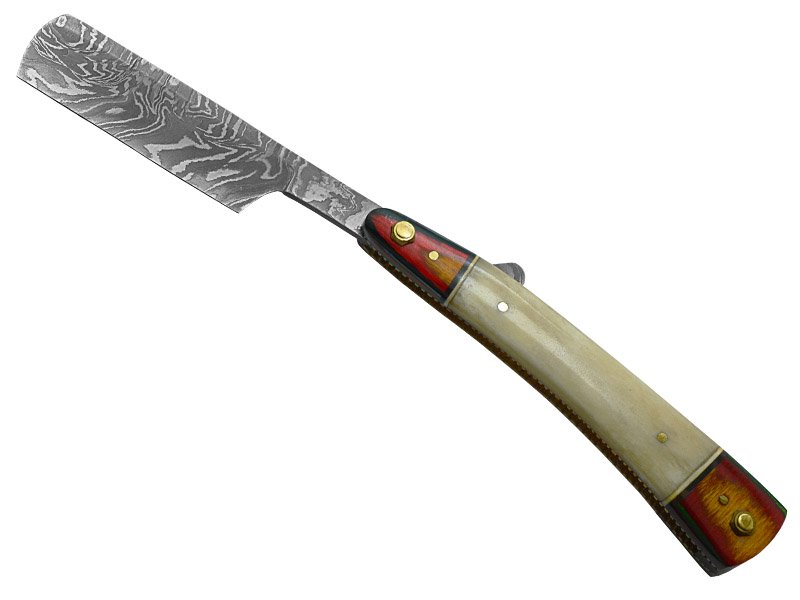 Navalha para colecionador em aço damasco. Empunhadura em osso de boi e Pakawood, 24 cm