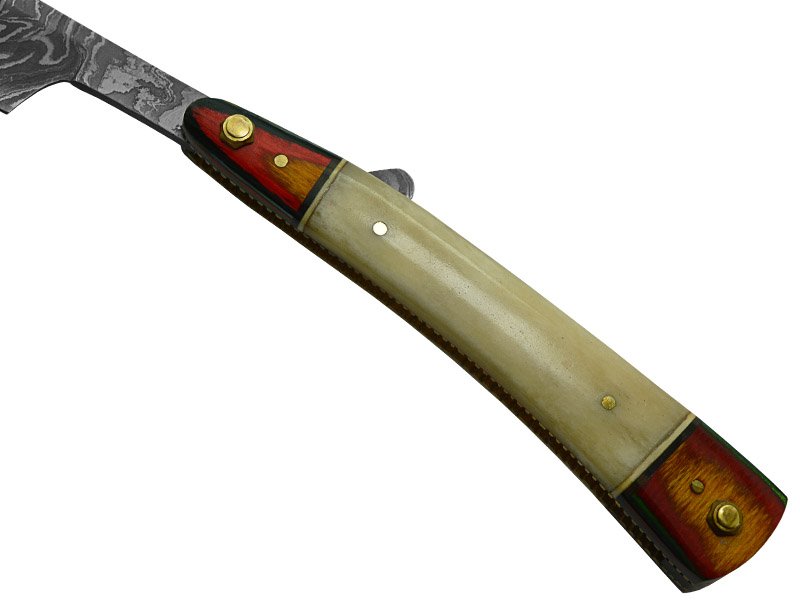 Navalha para colecionador em aço damasco. Empunhadura em osso de boi e Pakawood, 24 cm