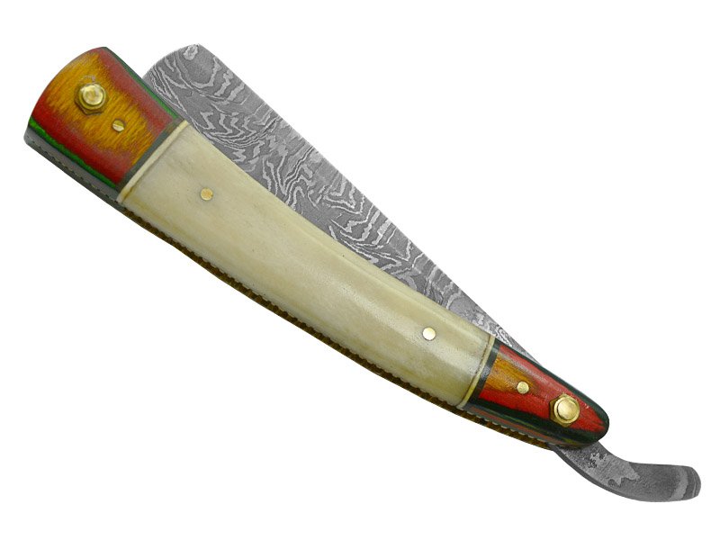 Navalha para colecionador em aço damasco. Empunhadura em osso de boi e Pakawood, 24 cm