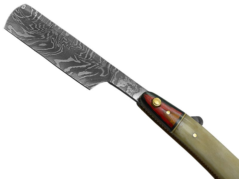 Navalha para colecionador em aço damasco. Empunhadura em osso de boi e Pakawood, 24 cm
