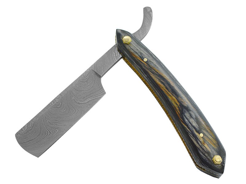 Navalha para colecionador em aço damasco. Empunhadura em pakawood, 23 cm