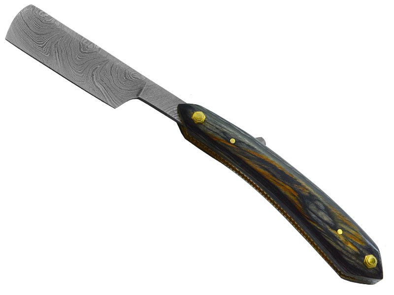 Navalha para colecionador em aço damasco. Empunhadura em pakawood, 23 cm