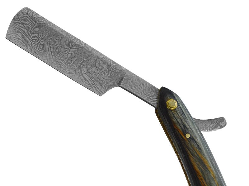 Navalha para colecionador em aço damasco. Empunhadura em pakawood, 23 cm