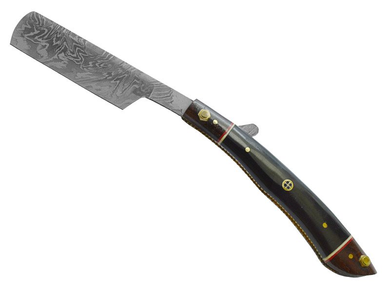 Navalha para colecionador em aço damasco. Empunhadura em rádica de roseira, 25 cm