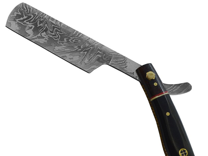 Navalha para colecionador em aço damasco. Empunhadura em rádica de roseira, 25 cm