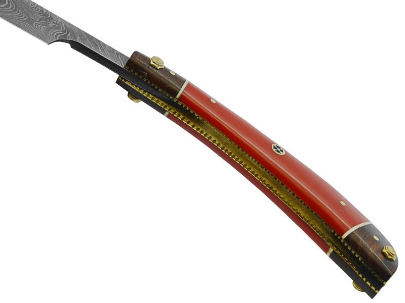 Navalha para colecionador em aço damasco. Empunhadura em rádica de roseira, 24 cm