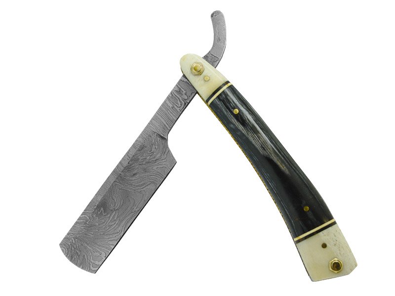Navalha para colecionador em aço damasco. Empunhadura Pakawood e osso de boi, 25 cm