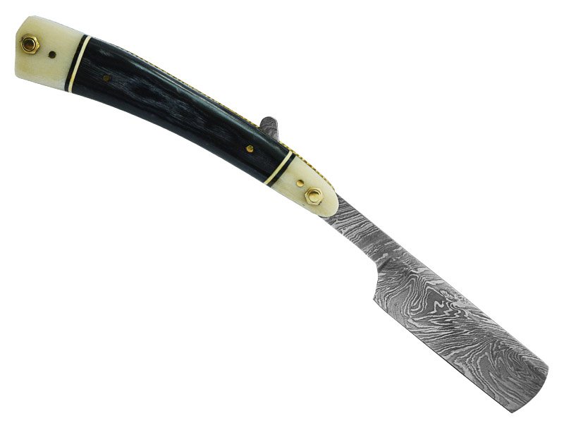 Navalha para colecionador em aço damasco. Empunhadura Pakawood e osso de boi, 25 cm
