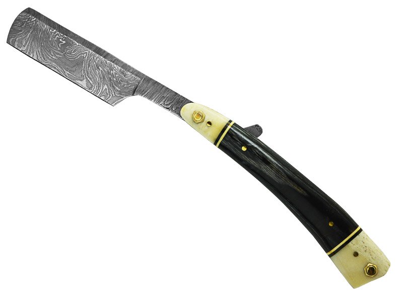 Navalha para colecionador em aço damasco. Empunhadura Pakawood e osso de boi, 25 cm