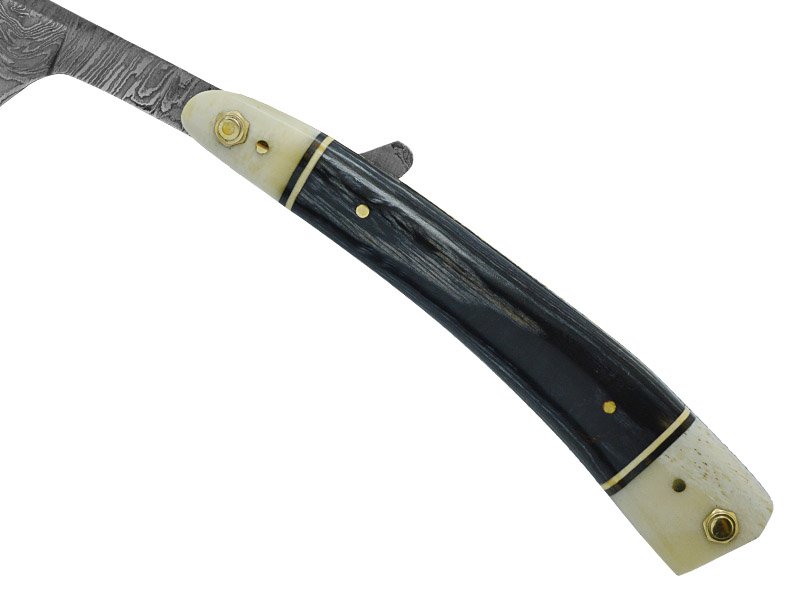 Navalha para colecionador em aço damasco. Empunhadura Pakawood e osso de boi, 25 cm