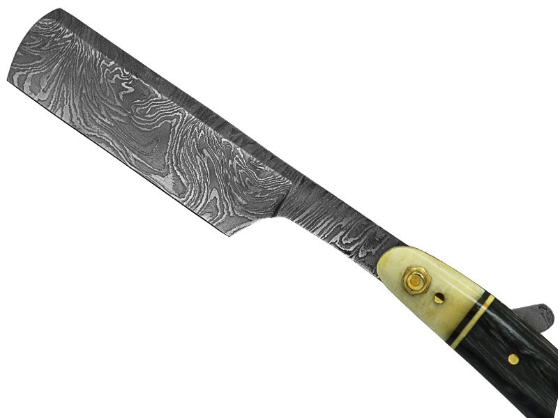 Navalha para colecionador em aço damasco. Empunhadura Pakawood e osso de boi, 25 cm