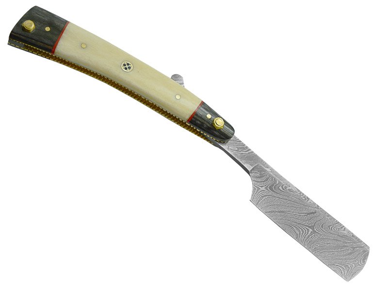 Navalha para colecionador em aço damasco. Empunhadura em osso de boi e Pakawood, 24 cm