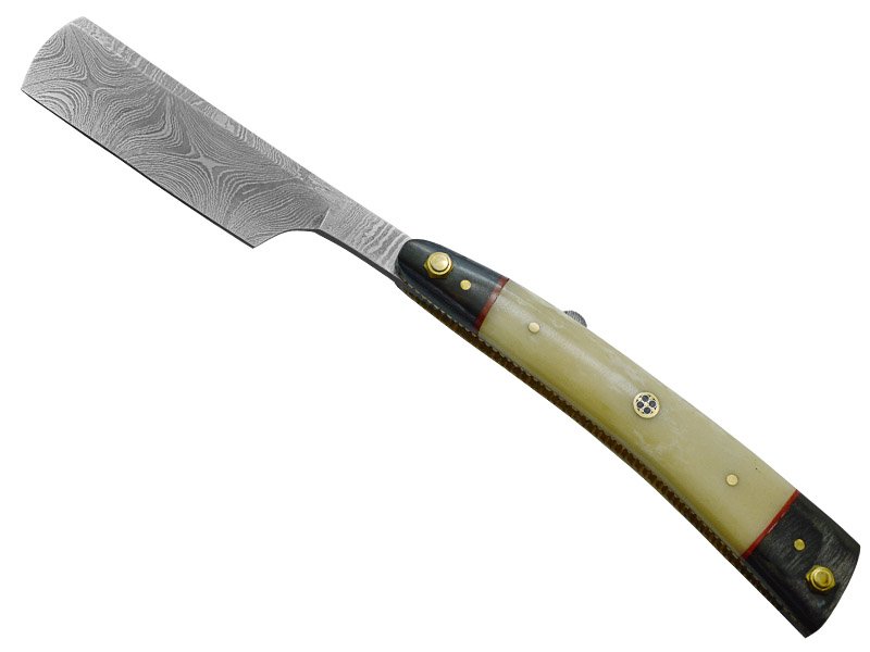 Navalha para colecionador em aço damasco. Empunhadura em osso de boi e Pakawood, 24 cm