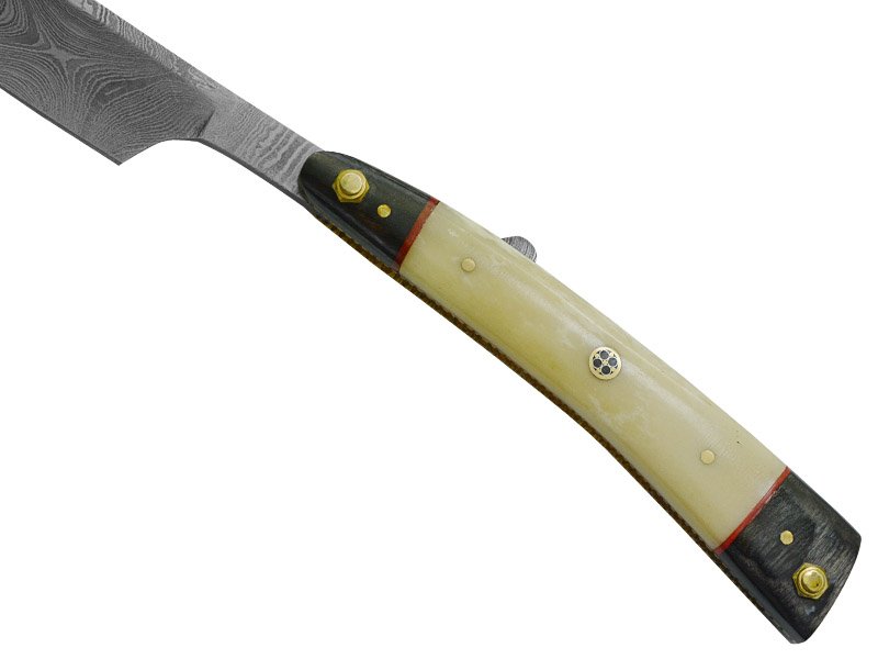Navalha para colecionador em aço damasco. Empunhadura em osso de boi e Pakawood, 24 cm