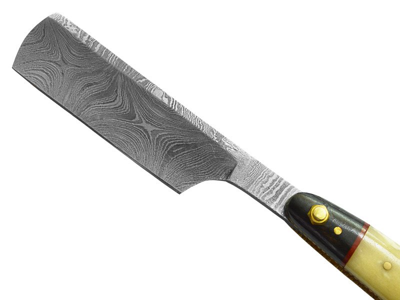 Navalha para colecionador em aço damasco. Empunhadura em osso de boi e Pakawood, 24 cm