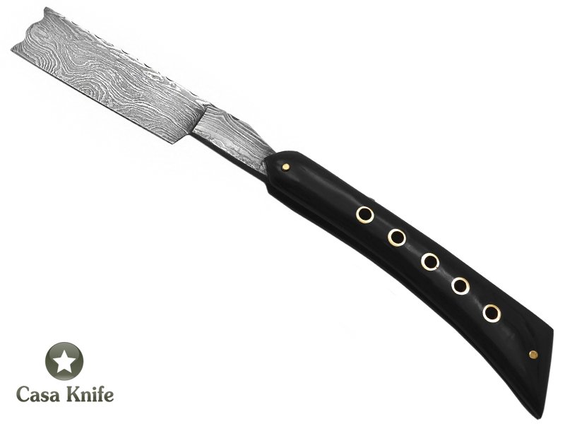 Navalha para colecionador em aço damasco com empunhadura em chifre de búfalo 24 cm
