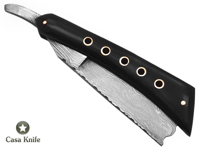 Navalha para colecionador em aço damasco com empunhadura em chifre de búfalo 24 cm