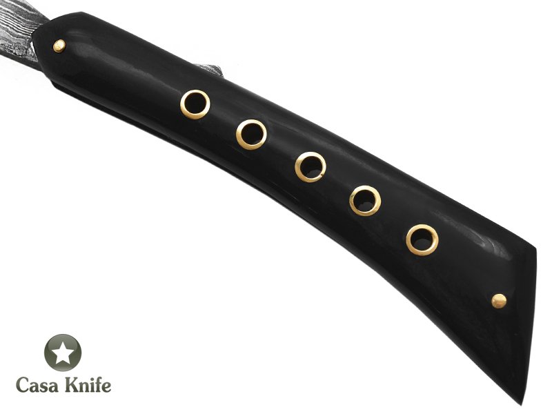 Navalha para colecionador em aço damasco com empunhadura em chifre de búfalo 24 cm