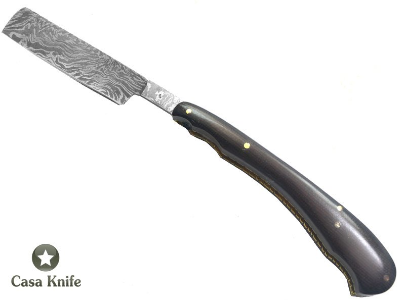 Navalha para colecionador forjada em aço damasco , com empunhadura em micarta, 24 cm