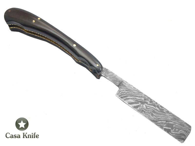 Navalha para colecionador forjada em aço damasco , com empunhadura em micarta, 24 cm